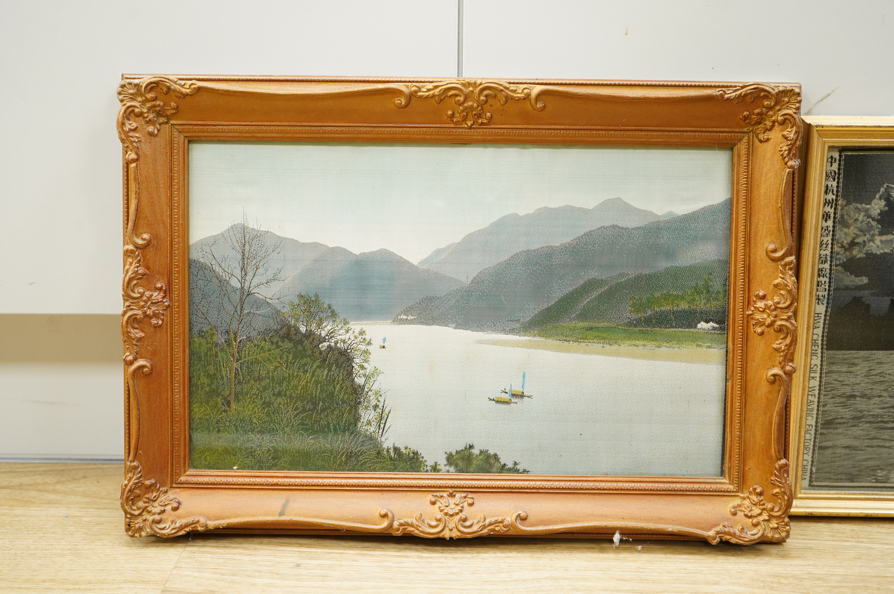 Four Chinese machine woven landscapes, framed, 24 x 39cm